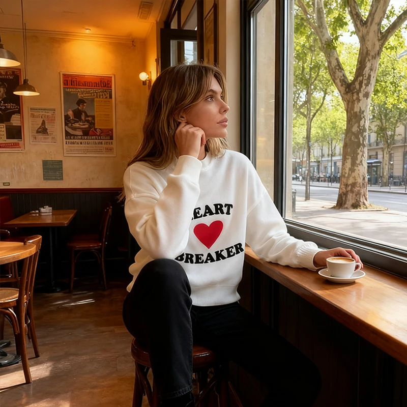 

Толстовка с круглым вырезом и принтом, удобная повседневная уличная одежда в готическом стиле, свободная одежда с буквенным сердцем в корейском стиле, универсальная женская осень-зима