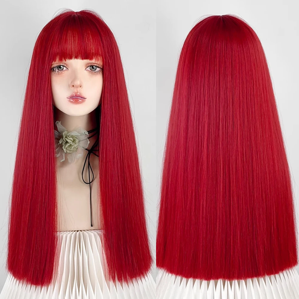

GAKA Synthetic Long Straight Women Red Wig with Bangs Lolita Cosplay Fluffy Hair Heat Resistant Wig for Daily Party