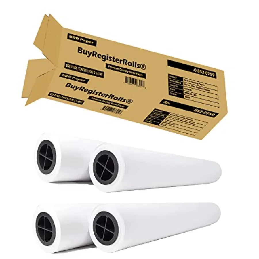 

36'' x 150' Plotter Paper New and Premium 4 Rolls 20 lb Uncoated 96 Bright White (75 GSM with 2'' Core) CAD Paper Rolls For Eng