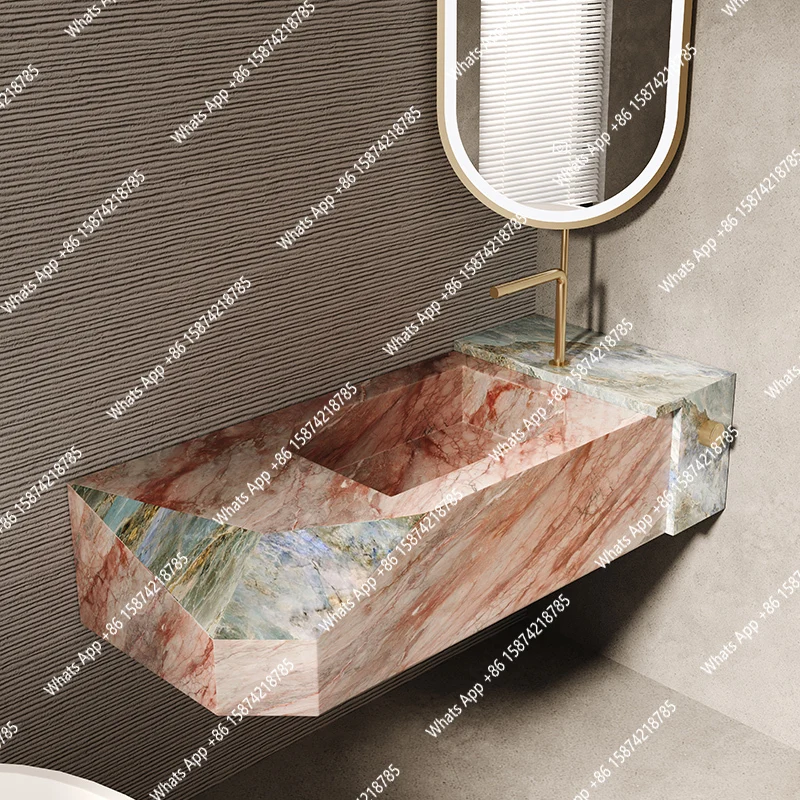 

Floating pink luxury stone slab integrated seamless basin bathroom light luxury high-end customized sink