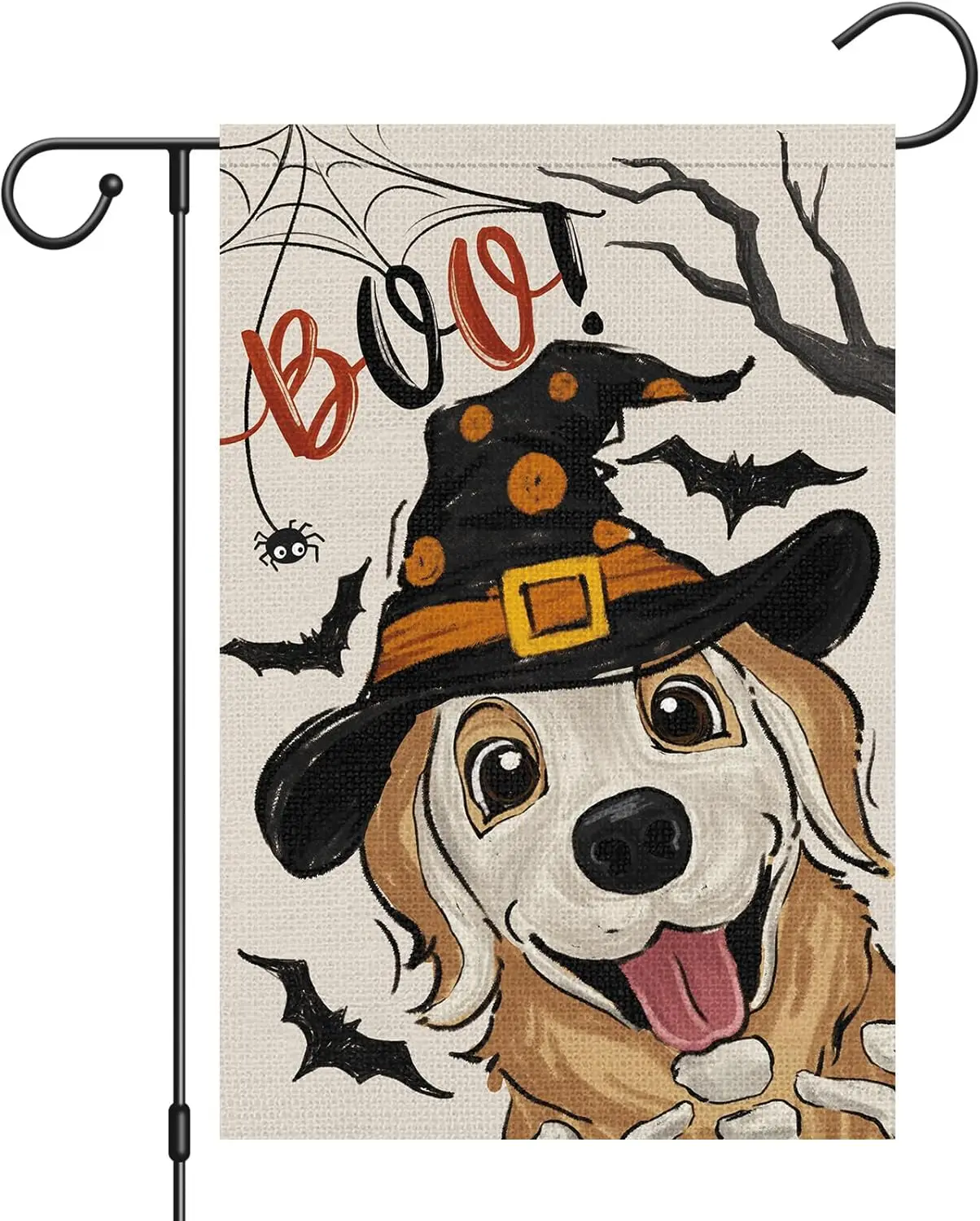 Heyfibro Halloween Boo Golden Retriever Dog Garden Flag 12 x 18 Inch Vertical Double Sided Burlap, Halloween Spider Bat Flag for