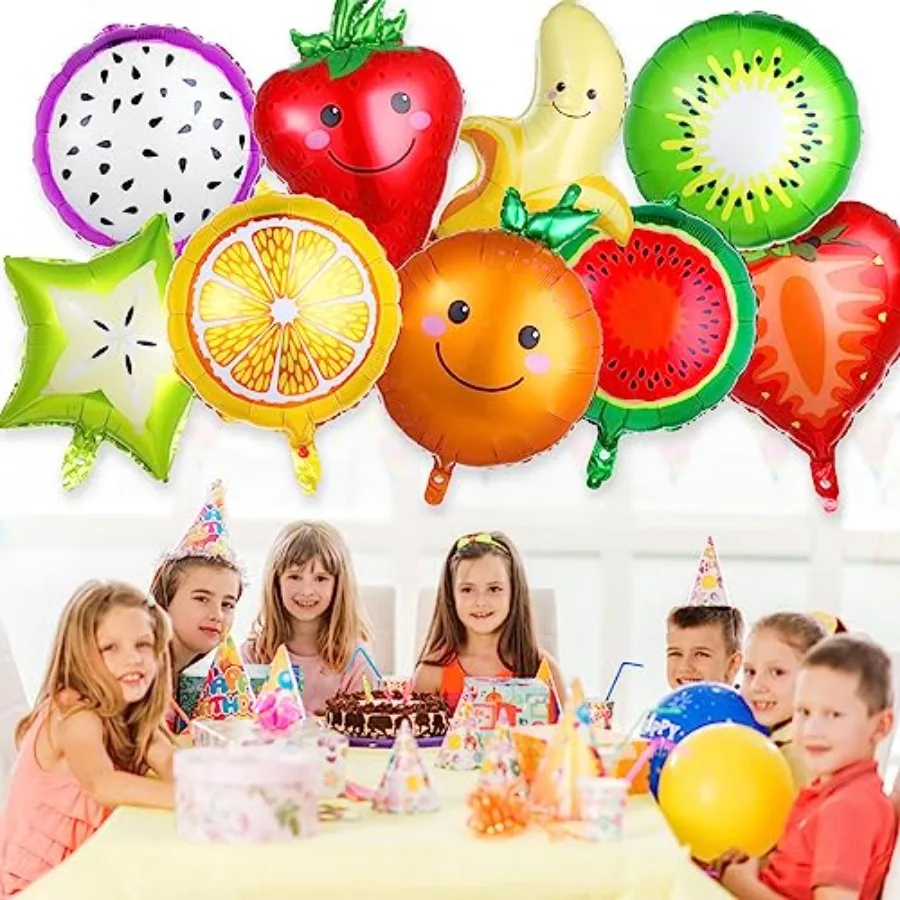18 Pics Fruit Balloons Tropical Fruit Party Decorations with Ribbon and Straw Aluminum Foil Balloons for Wedding Birthday Baby