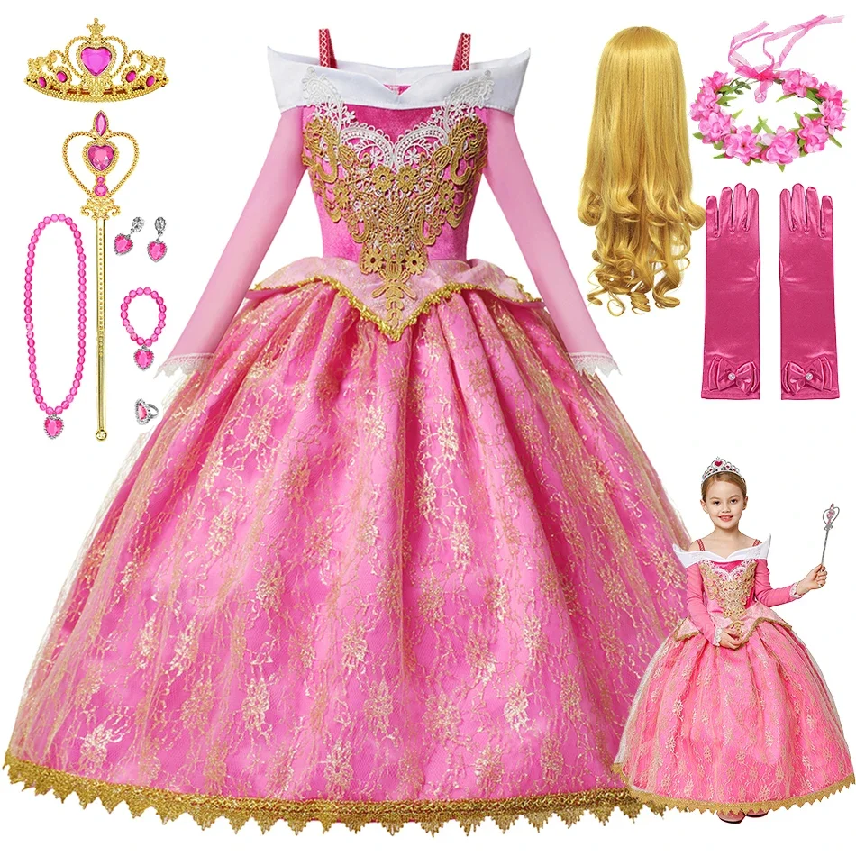 

Disney Girl Princess Cosplay Sleeping Beauty Aurora Costume Kids Halloween Carnival Birthday Party Pink Dresses Children Clothes