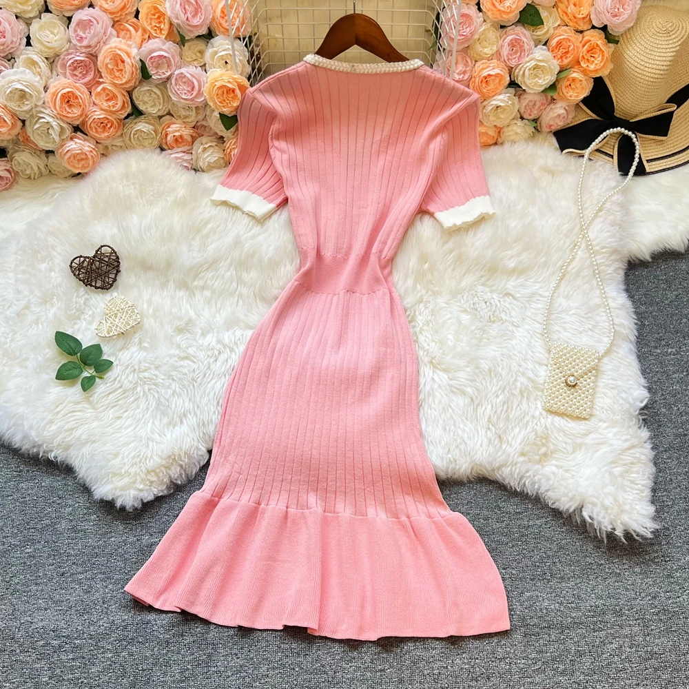 YuooMuoo Women Dress 2025 New Fashion V-neck Slim Elastic Knitted Summer Dress Ins Hot Sexy Package Hips Meraid Party Dress Robe