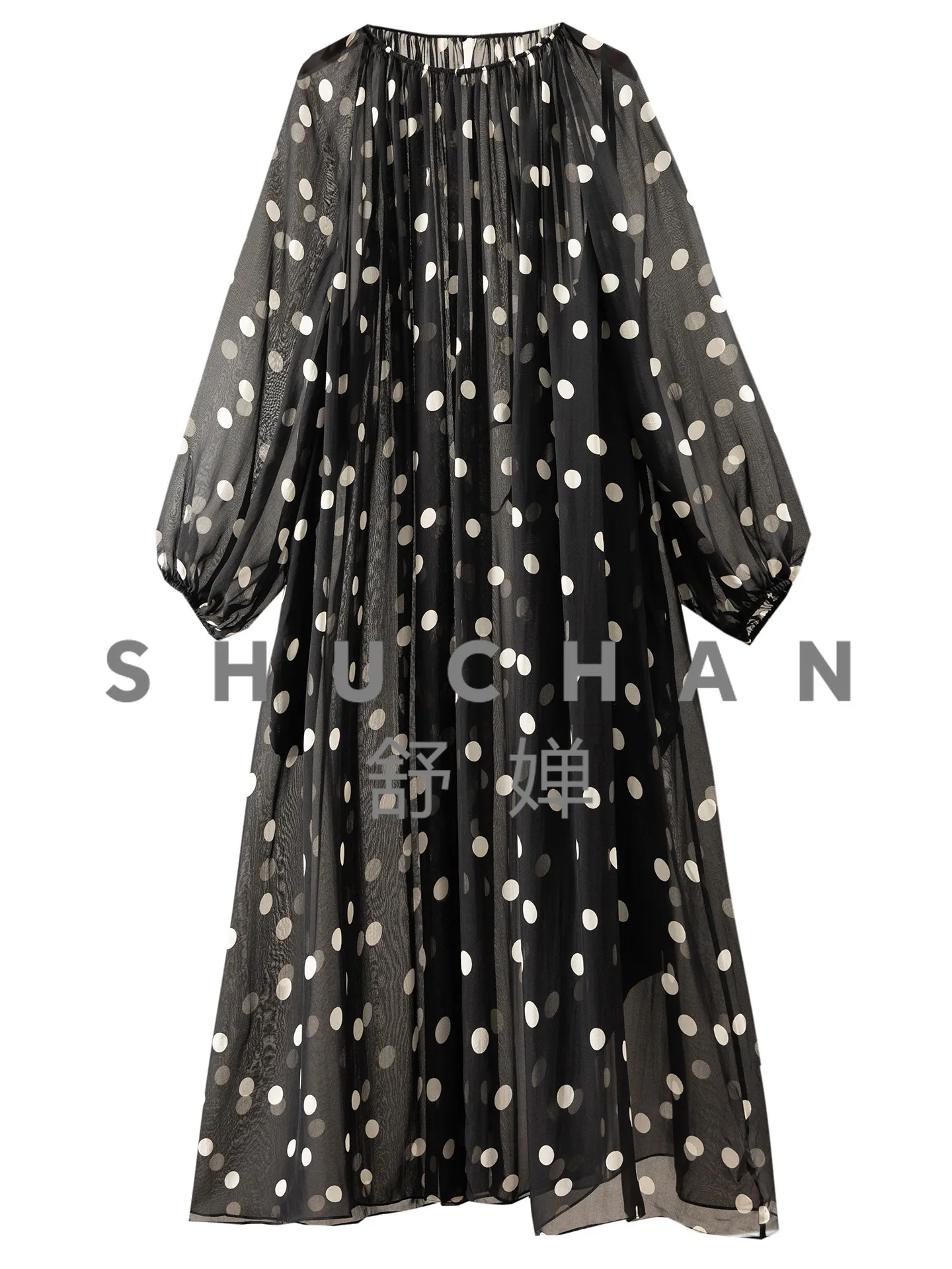 

Elegant Hazy, French Natural Silk Georgette Polka Dot Print Dress + Suspender Dress Two-piece Set 34L6