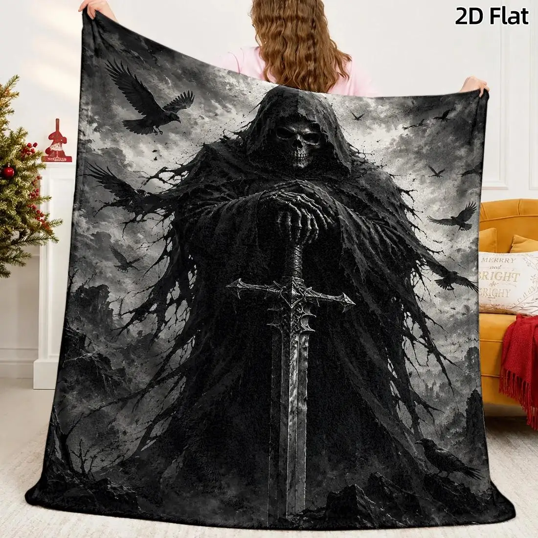1pc 2D Flat DIY Coloring Throw Blanket, Grim Reaper Skull Gothic Line Art, Oil Painting Style Skull Warrior Raven Feather Decor