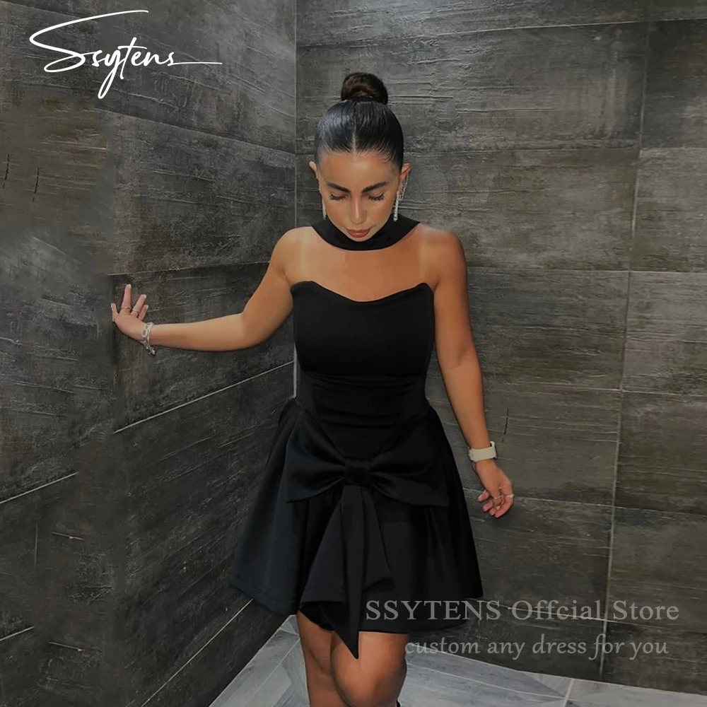 SSYTENS Abiti da ritorno a casa sexy A Line Abito femminile con fiocco nero Party Night Abiti da cocktail senza spalline sopra il ginocchio personalizzati
