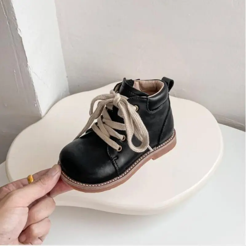 2024 Autumn Winter New Children Boots Boys Girls Short Boots Toddler Fashion Leather Shoes England Style Soft Bottom Boots 21-33