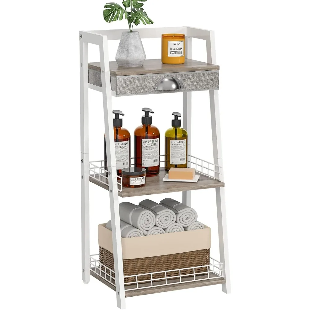 

3-Tier White Bathroom Shelves with Drawer, Floor Storage Shelf, Small Bathroom Stand Rack, Freestanding Ladder Bookshelf for Li