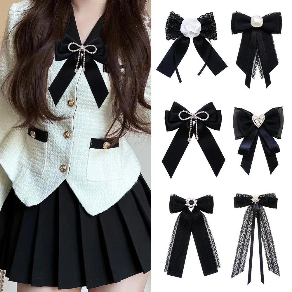 Elegant Lace Ribbon Bowtie College Style Korean Fabric Bow Brooches Black Student Shirt Collar Rhinestones Jewelry Women Girl