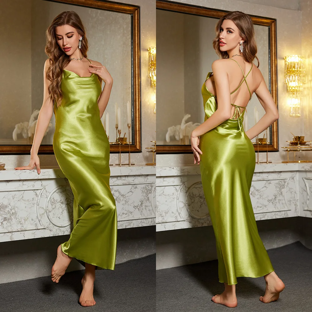 

New Women Green Long Nightgown Chemise Sleepwear Sexy Backless Suspender Nightress Lingerie Ice Silk Nightwear Home Clothes
