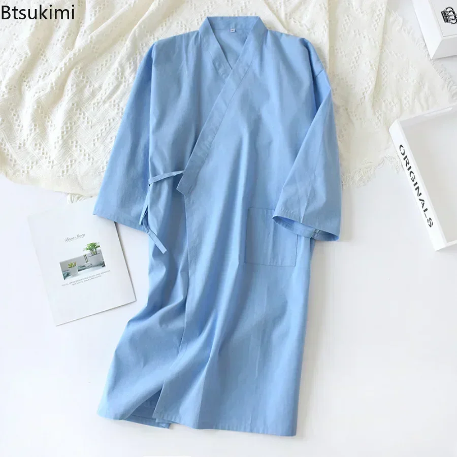 New 2024 Men\'s Casual Cotton Line Pajamas Solid Soft Sleepwear Male Bath Robe Japanese Kimono Cotton Nightgown Home Clothes Men