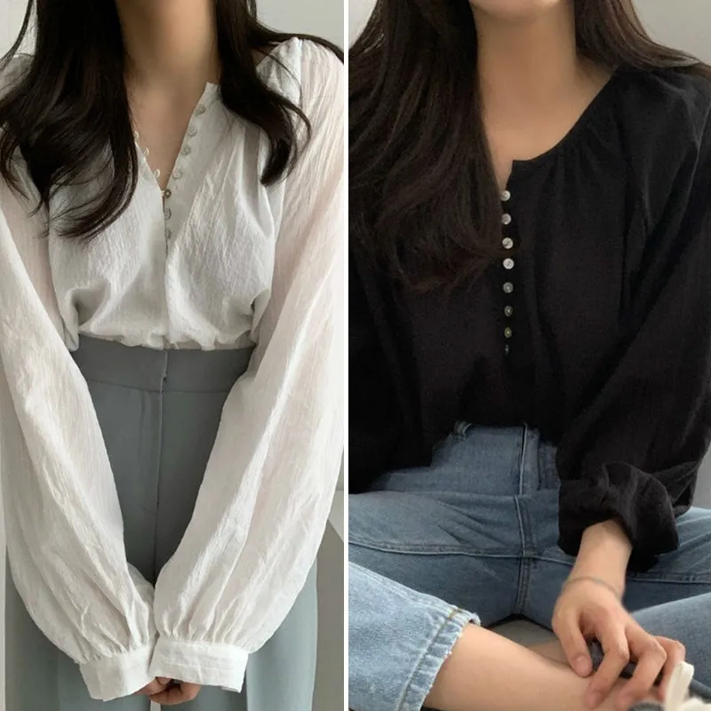 Chic Long Sleeve Thin Cotton Soft Shirt Lady Summer Sweet Puff Sleeve V-Neck Button Air Condition Commuting Simple Loose Shirt