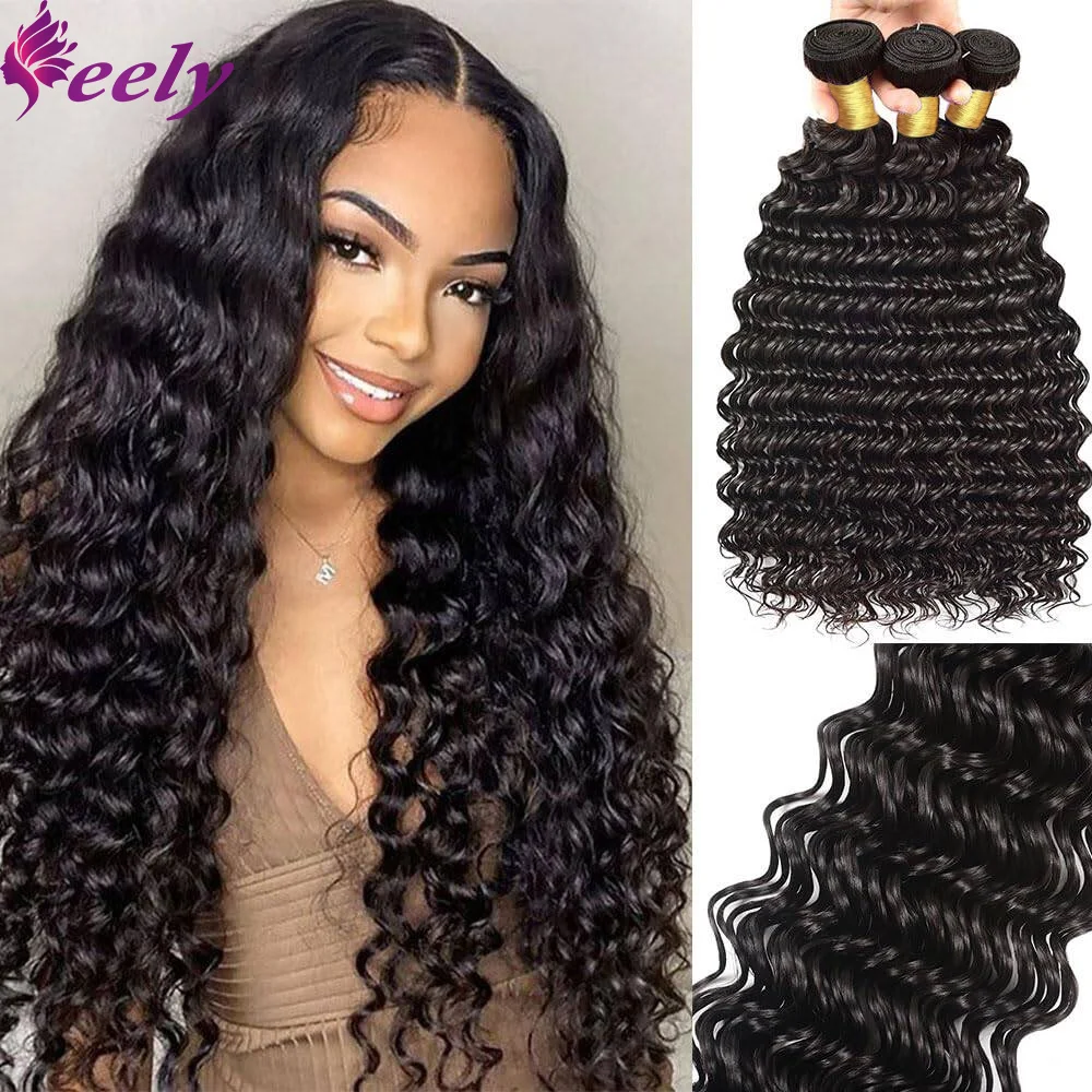 Bundles brésiliens de cheveux humains bouclés Deep Wave pour femmes, 100% vrais cheveux humains, extensions, 26 ", 28", 30 ", document noir naturel