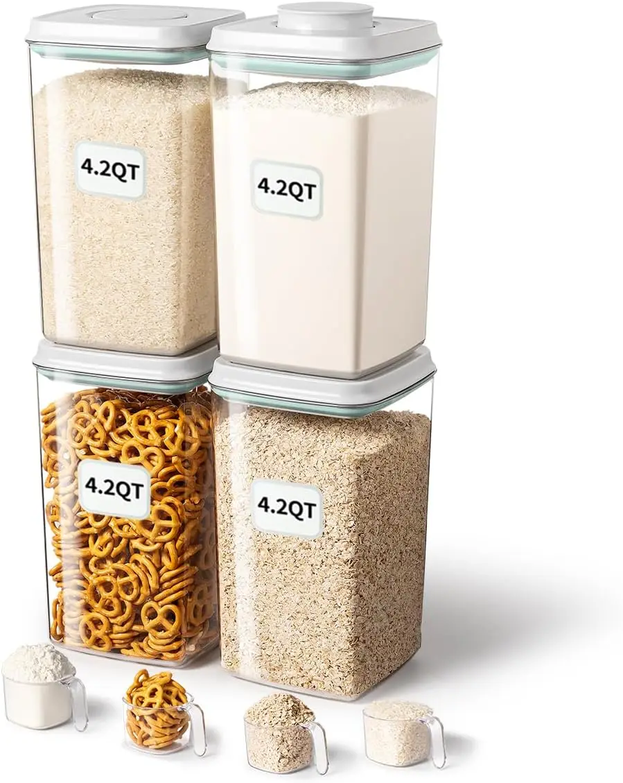 Paquete de 4 contenedores herméticos para almacenamiento de alimentos con tapas y cuchara emergentes, organizador de despensa apilable sin BPA para cereales, arroz y harina