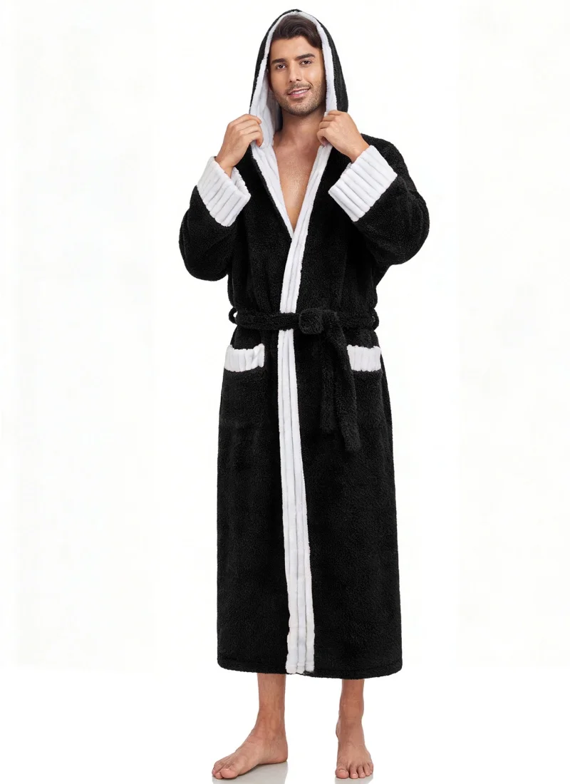 Men's Hooded Black Fuzzy Plush Bathrobe with White Striped Trim Long Flannel Belt Pockets Warm Loungewear for Winter Spa Hotel