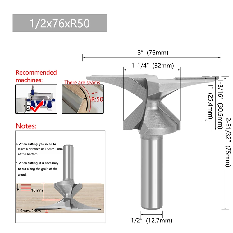 LAVIE 1 Stück 1/4 1/2 6,35mm Schaft Bogenförmiger Integrierter Fräser 2 Kanten, 3 Kanten mit Naht Holzbearbeitungsfräser Schneidwerkzeug – Detail 6