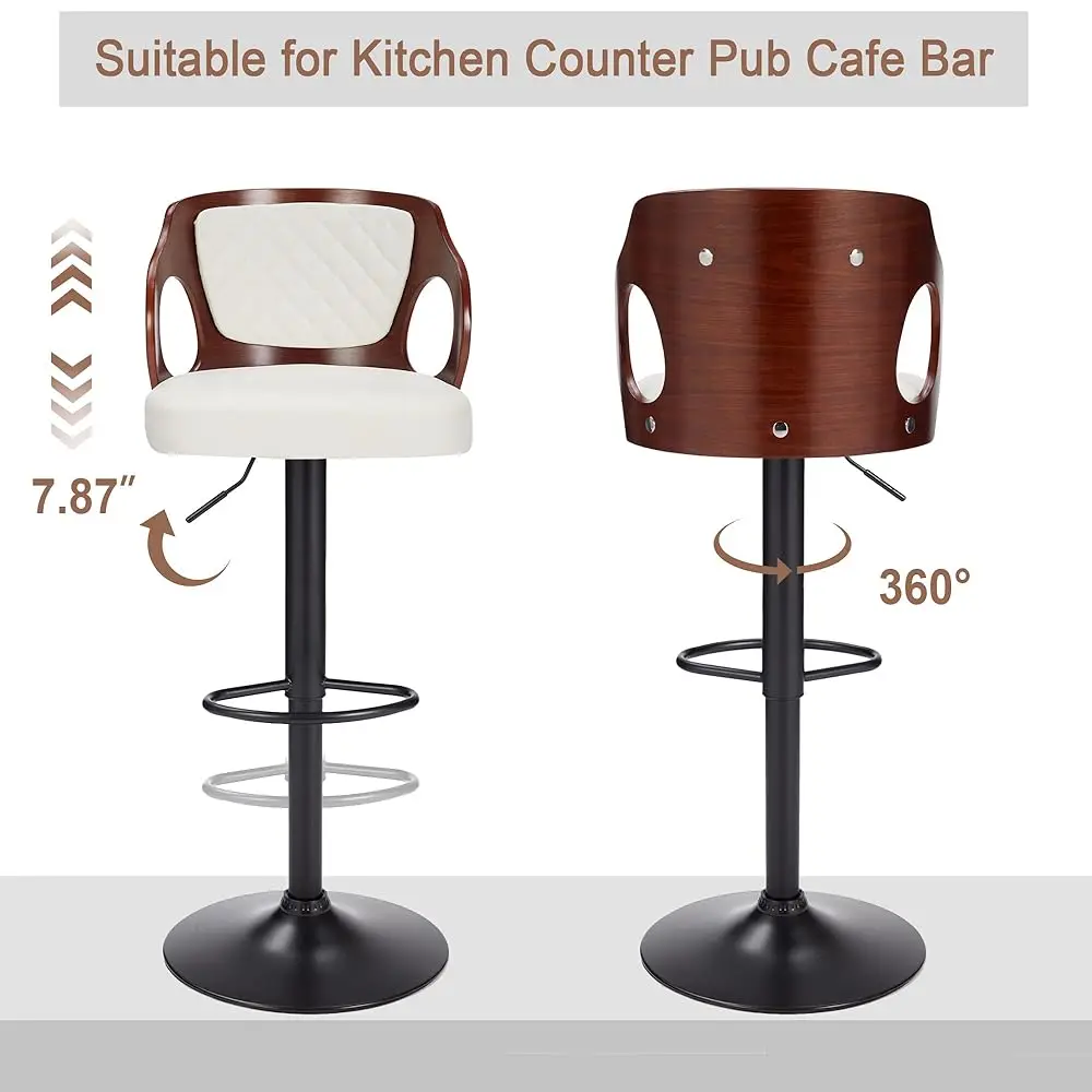 Barstools Set Of 2,Counter Height Stools With Bentwood Back&Arm, Swivel Barstools,Pu Leather Kitchen Island Stools, Adjustable