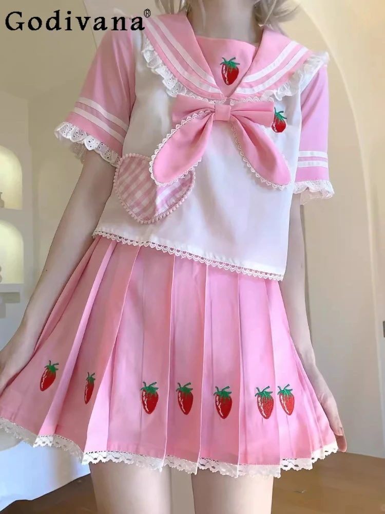 

Sweet Girls Pink Lolita Skirt Sets Women Kawaii Rabbit Ears Sailor Collar Tops Y2k Strawberry Skirts Female Cute JK Uniform Suit