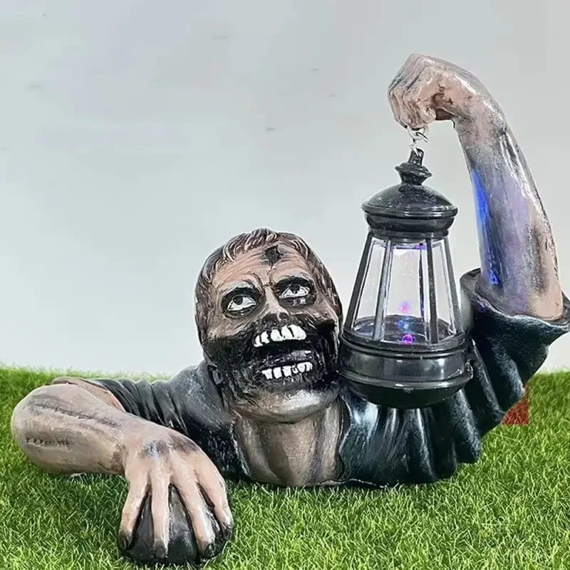 Outdoor Scary Led Lights Zombie Holding Lantern Dress Up Halloween Zombie Crawling Horror Decoration Resin Halloween Figurine