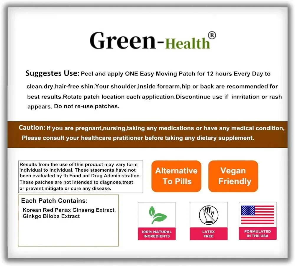 30PCS Korean Red Panax Ginseng Transdermal Patches - With Ginkgo Biloba, Energy, Performance & Focus for Men & Women