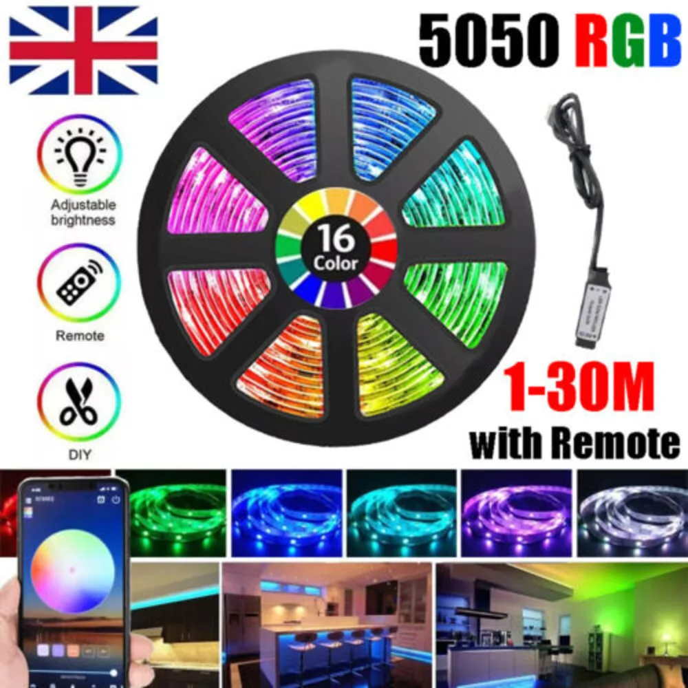 LED Strip Lights 1-30M RGB 5050 Colour Changing Tape Cabinet Kitchen TV Lighting