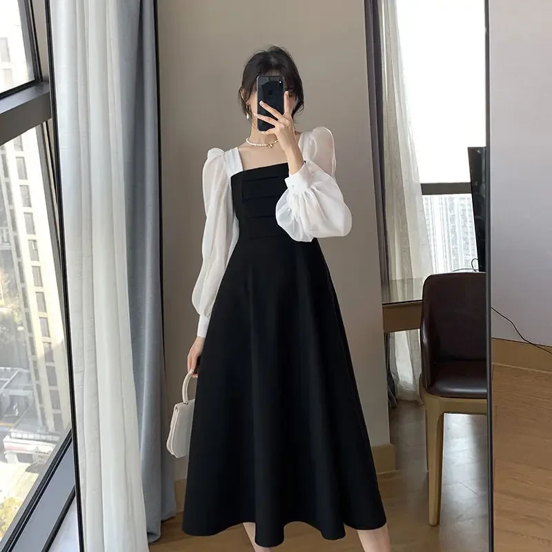 Manga longa preto vintage estilo francês vestido de mujer nova primavera outono gola quadrada rendas até vestidos moda feminina