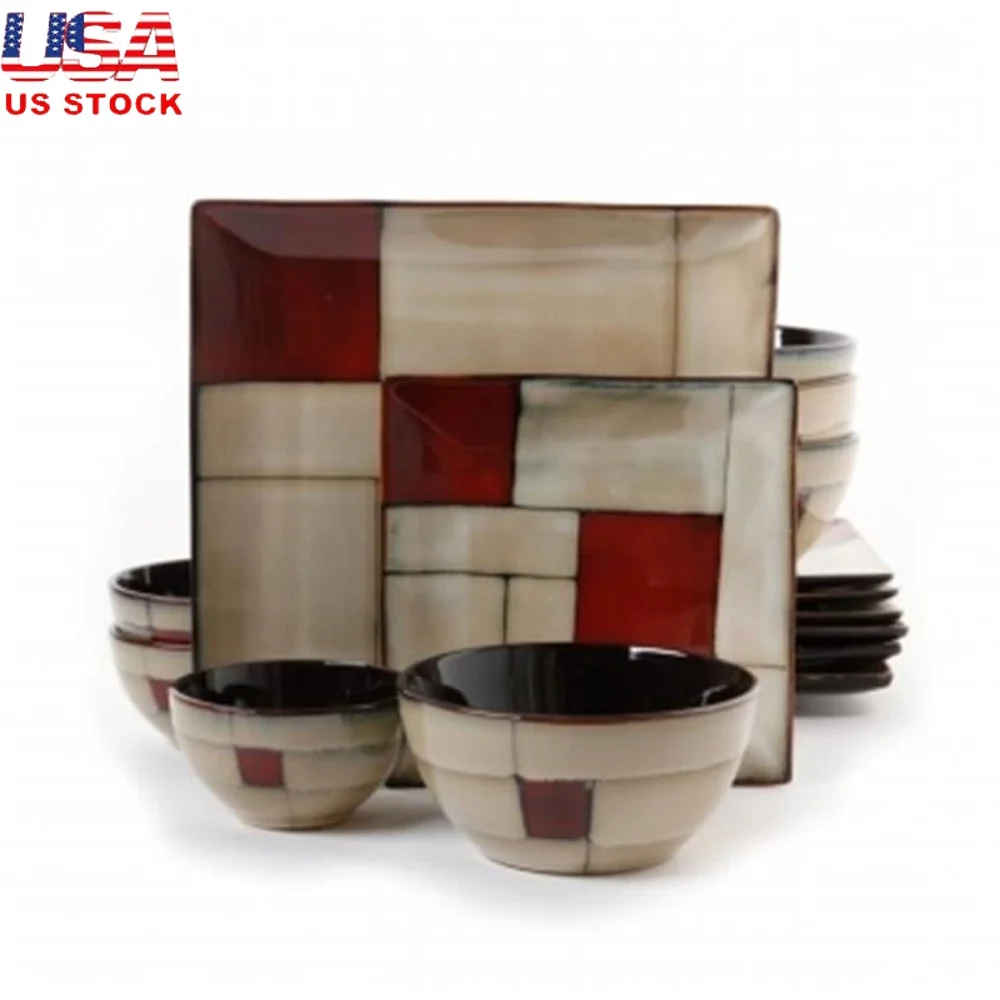 

16 Piece Stoneware Dinnerware Set Includes Plates Bowls Durable Reactive Glaze Dishwasher Microwave Safe Unique Design