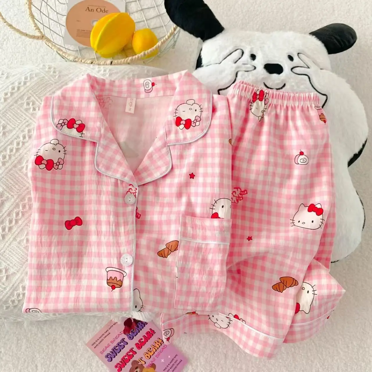 New Hello Kitty Cardigan Pajama Women's Summer Cloud Cotton Short Sleeved Shorts Sweet Cartoon Cute Home Suit Set