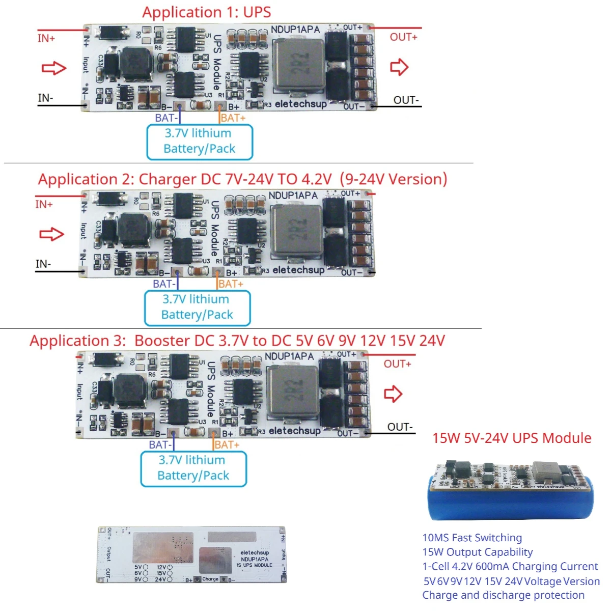 3A UPS Module 5V 6V 9V 12V 15V 24V 15W 3.7V 4.2V Li-on Li-po Lithium Battery Charge and Discharge Board for WIFI Network Router