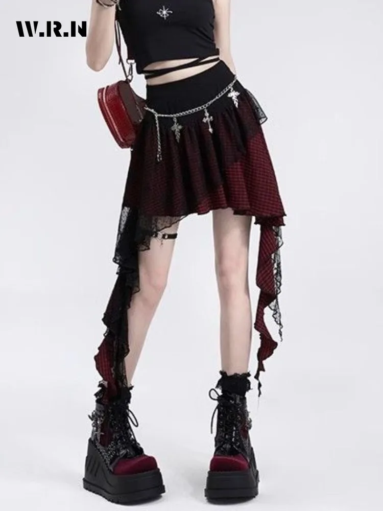 

2024 Summer Casual Sweet Style Patchwork Y2k Fashion Skirts Women's Vintage Lace Plaid High Waist Slim Hotsweet Mini Skirt
