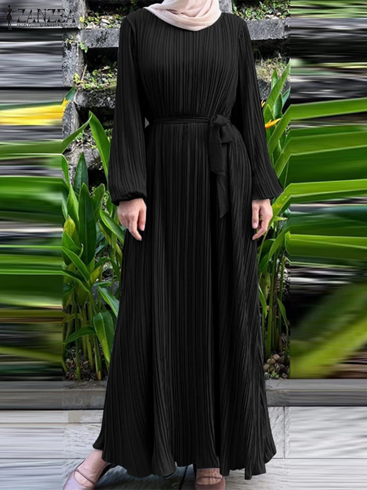 

2024 ZANZEA Fashion Women Solid Muslim Abaya Hijab Dress Autumn Dress Casual Long Sleeve Loose Pleated Maxi Sundress Robe Femme