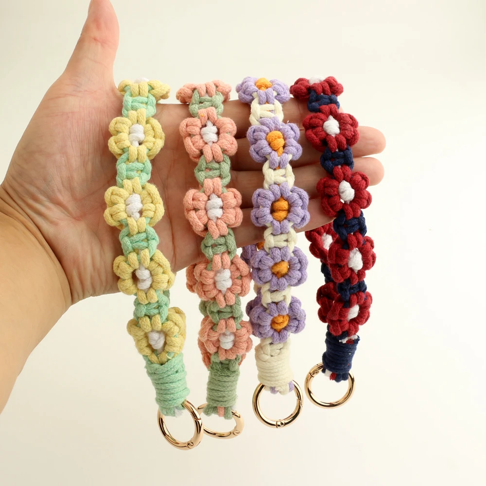 Wholesale New Candy Color Cute Flowers Hand Woven Cotton Rope Keychain