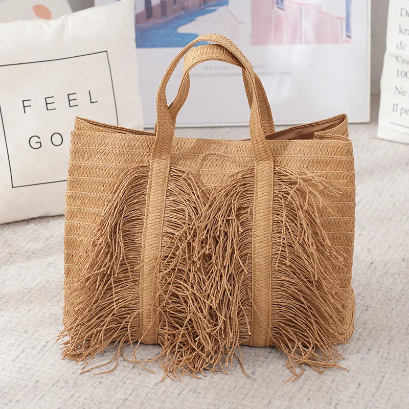 Knitting Handwork Beach Travel Women Tote High Capacity Classic Brand Handbag Tassel Decorate Straw Shoulder Shopping Bag