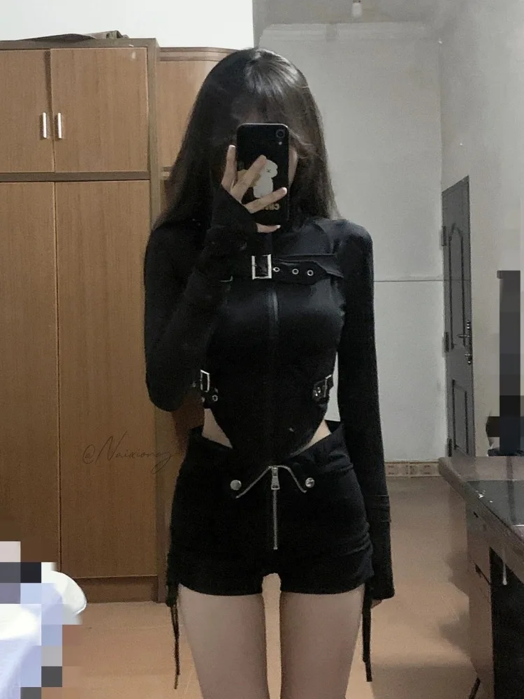 2024 Spring New Slim Fit Black Long Sleeve Zipper Tops Women+ Fashion High Waist Drawstring Shorts Y2k E-Girl Two Piece Sets