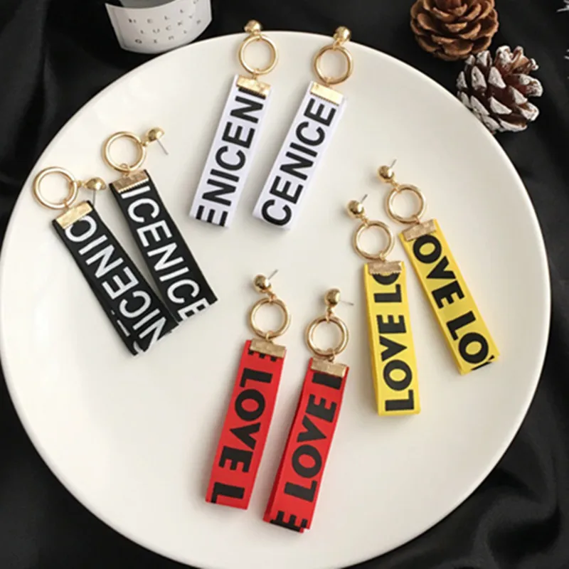 Europe And The United States Exaggerated Long Wide Cloth Love Nice Letter Circle Double Earrings Woman Girls Ribbon Jewelry