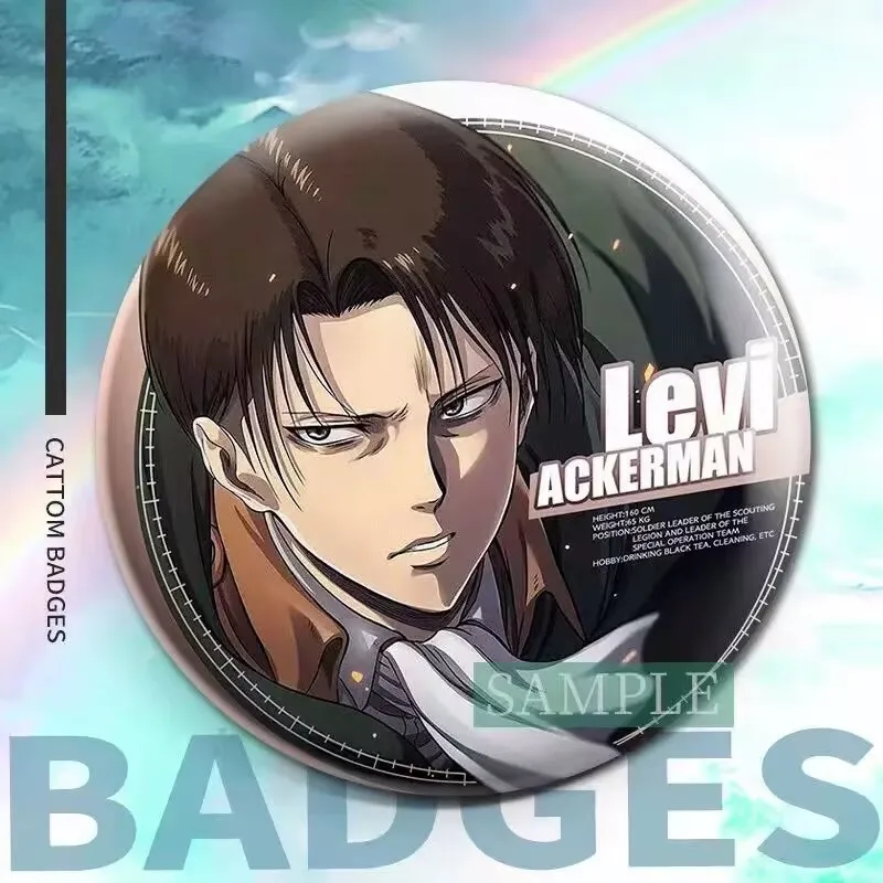 「進撃の巨人」アニメ「リヴァイ・エレン・ミカサ」周辺バッジ付きブリキレーザーブローチ