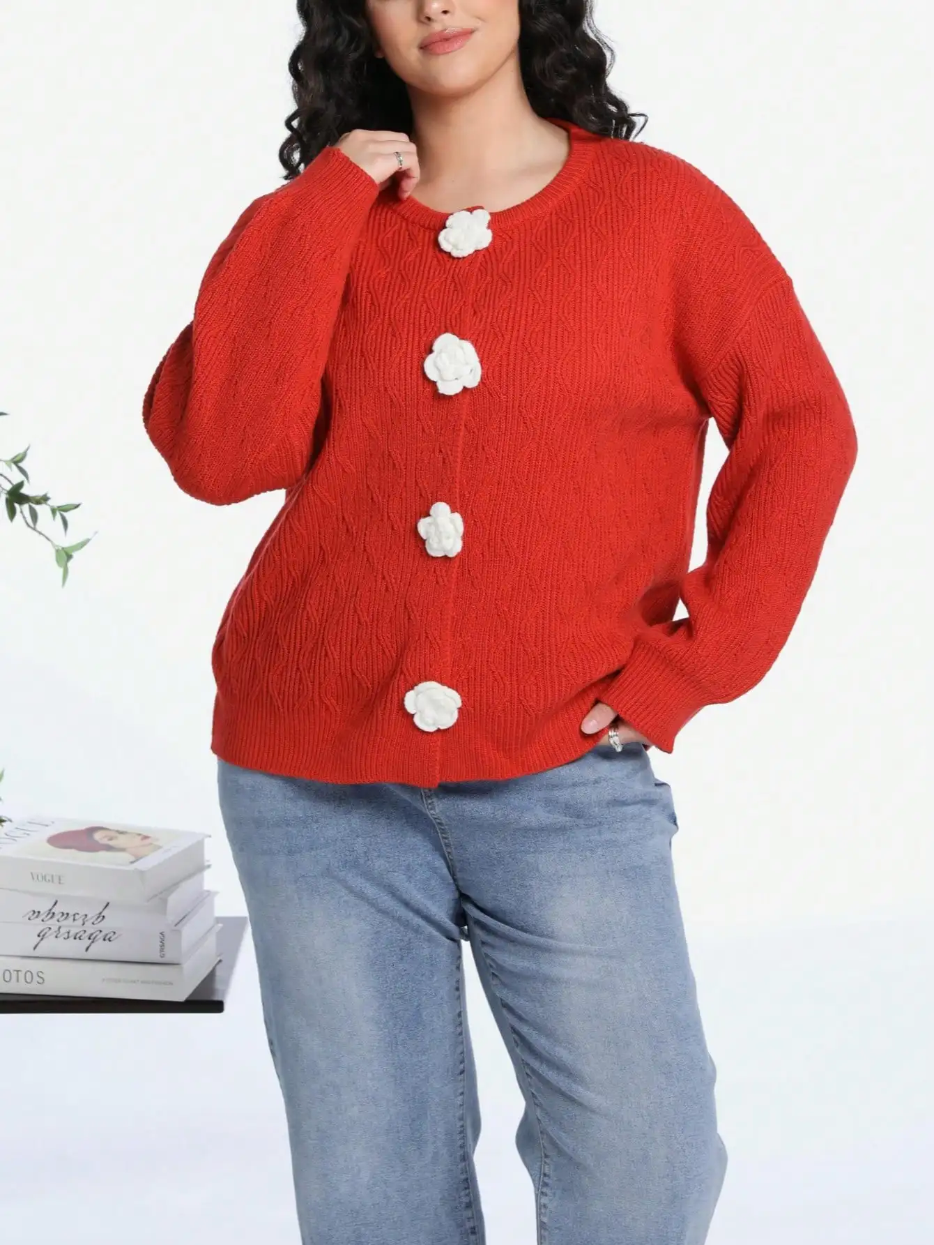 

Plus Size Women's Chunky Cable Knit Cardigan with 3D Flower Buttons – Vintage Elegant Loose Sweater for Fall Winter