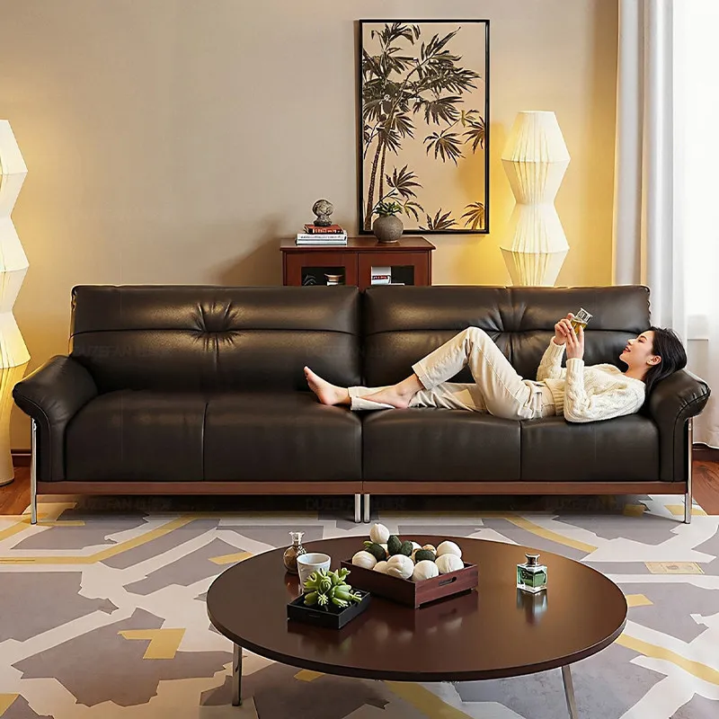 

First layer real cowhide leather art sofa walnut solid wood high foot large flat floor living room straight row