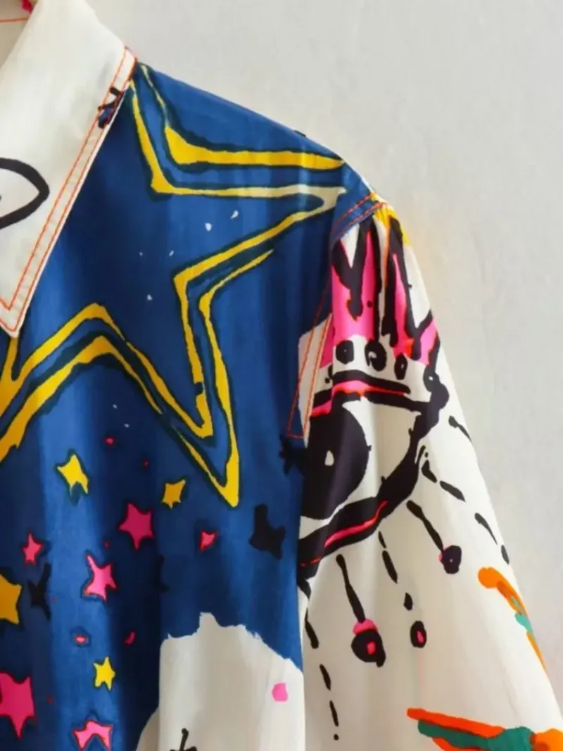 Vestido de cinto de manga comprida feminino de peito único, estampado graffiti galaxy, vestido longo linha A, outono