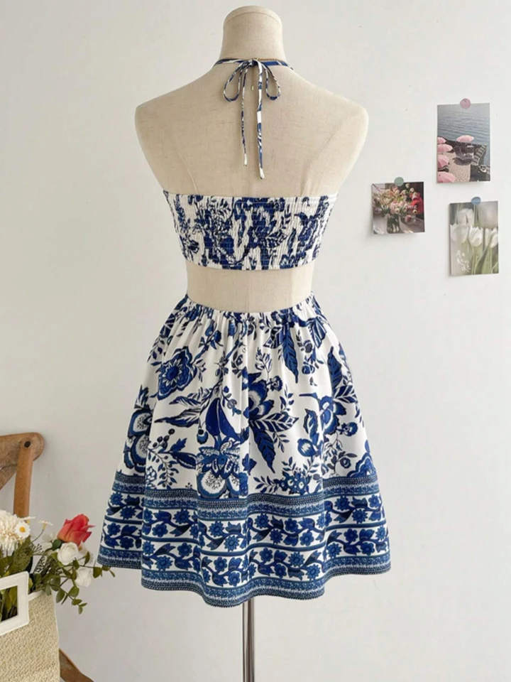 Vestido de mujer con estampado floral romántico, cuello halter, sexy y moderno, fácil de crear un estilo perezoso y elegante para vacaciones 2