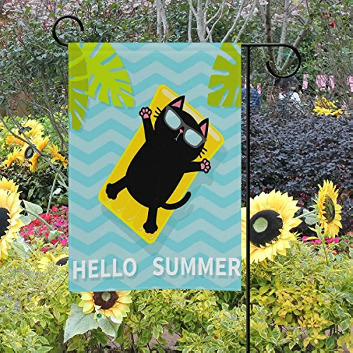 Cooper Girl Hello Summer Funny Cat Garden Flag Yard Banner Polyester for Home Flower Pot Outdoor Decor 12X18 Inch