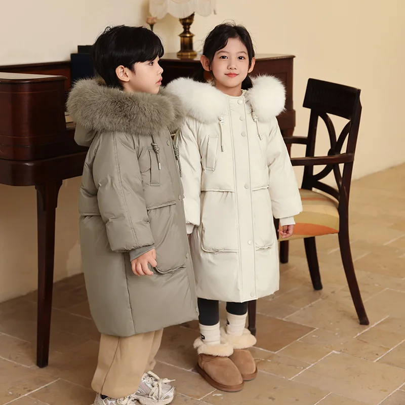 

Kids Thickened Down Jacket 2025 New Winter Coat for Boys Girls Long Neutral Warm Parka 120-160cm