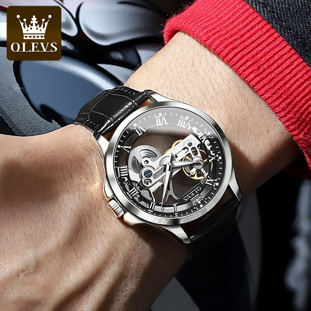 OLEVS Luxury Automatic Mechanical Watch for Men Skeleton Dial Leather Strap Waterproof Luminous Fashion Business Man Wristwatch