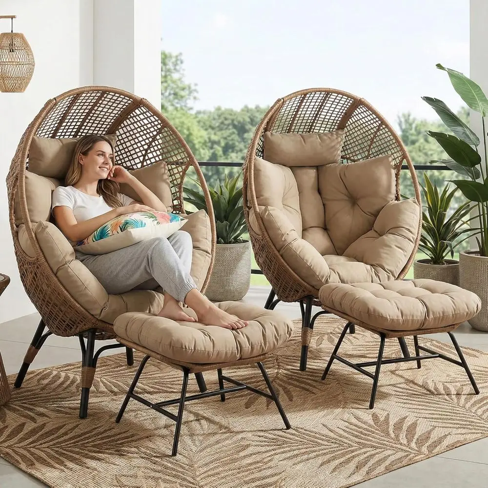 Pair of Egg Chairs with Ottoman, Wicker Lounger Set, Oversized Rattan Chairs, Outdoor Patio Garden Furniture (Brown, 2pcs)