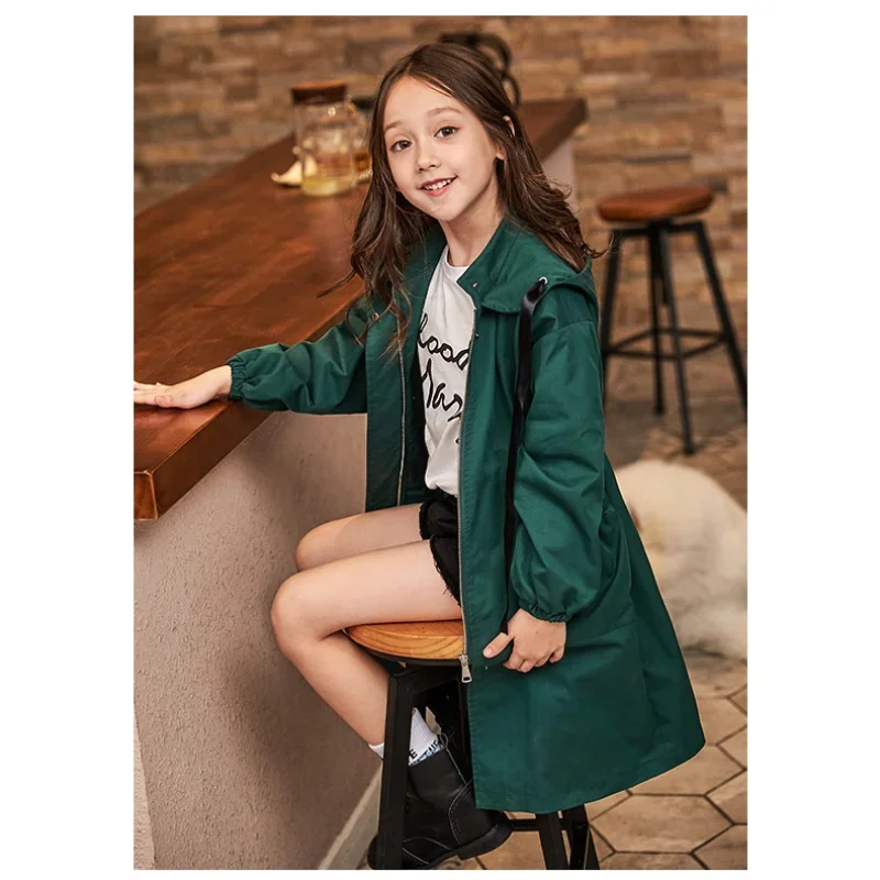 Kids Girls Trench Fashion Drawstring Hooded Jacket Tops Spring Autumn Children Clothes Teenager Girl Solid Color Coat