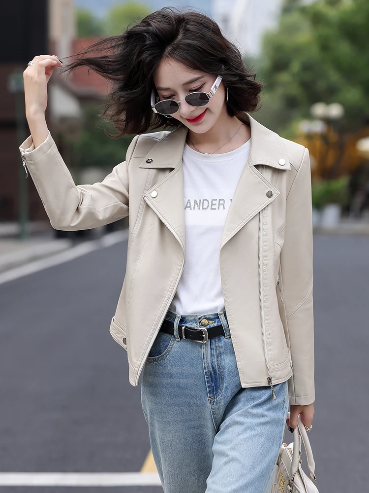 ファッショナブルな本革ジャケット女性用オートバイスタイルカジュアルレザーシープスキンコート大きいサイズバイカーアウターウェア