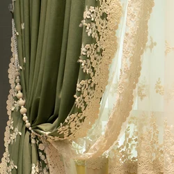 French Lace Green Velvet Luxury Curtains for Living Room Bedroom Dining Retro Blackout Tulle Window Blackout Embroidered Window