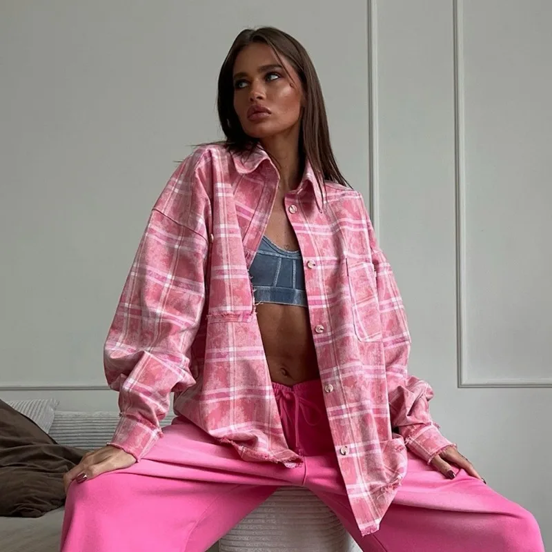 

Plaid Print Shirt Women Long Sleeves Lapel Single Breasted Shirt Casual Loose Summer Vacation Shirt Leisure Fashion Women Top