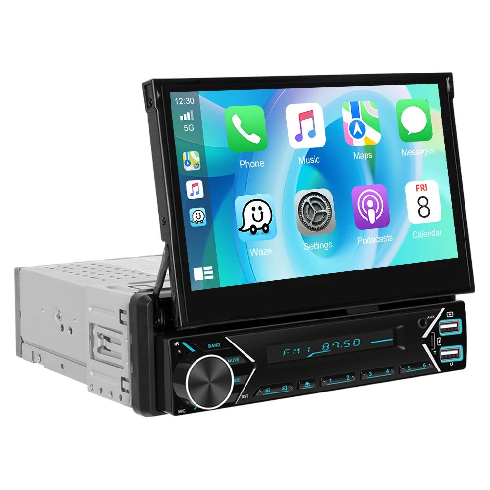 Podofo 1DIN Elektrisch Einziehbares Autoradio Kabelloses CarPlay Android Auto Mirror Link Auto-Multimediaplayer DAB FM USB Typ-C